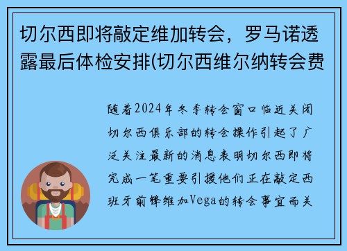 切尔西即将敲定维加转会，罗马诺透露最后体检安排(切尔西维尔纳转会费)