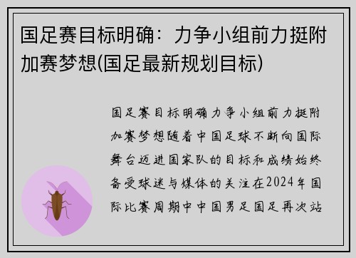 国足赛目标明确：力争小组前力挺附加赛梦想(国足最新规划目标)