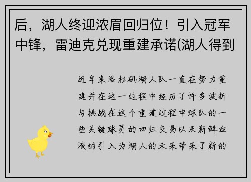 后，湖人终迎浓眉回归位！引入冠军中锋，雷迪克兑现重建承诺(湖人得到浓眉)