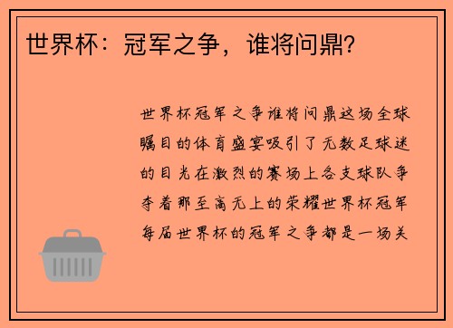 世界杯：冠军之争，谁将问鼎？