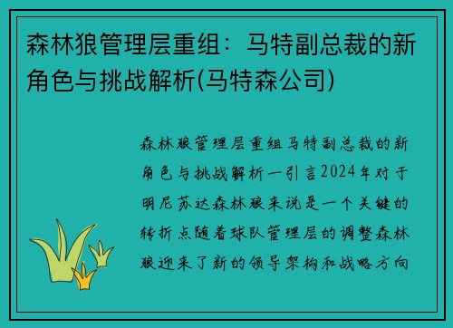森林狼管理层重组：马特副总裁的新角色与挑战解析(马特森公司)