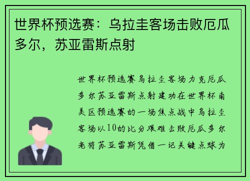 世界杯预选赛：乌拉圭客场击败厄瓜多尔，苏亚雷斯点射
